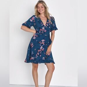 Lulus dalton teal blue floral ruffled wrap dress